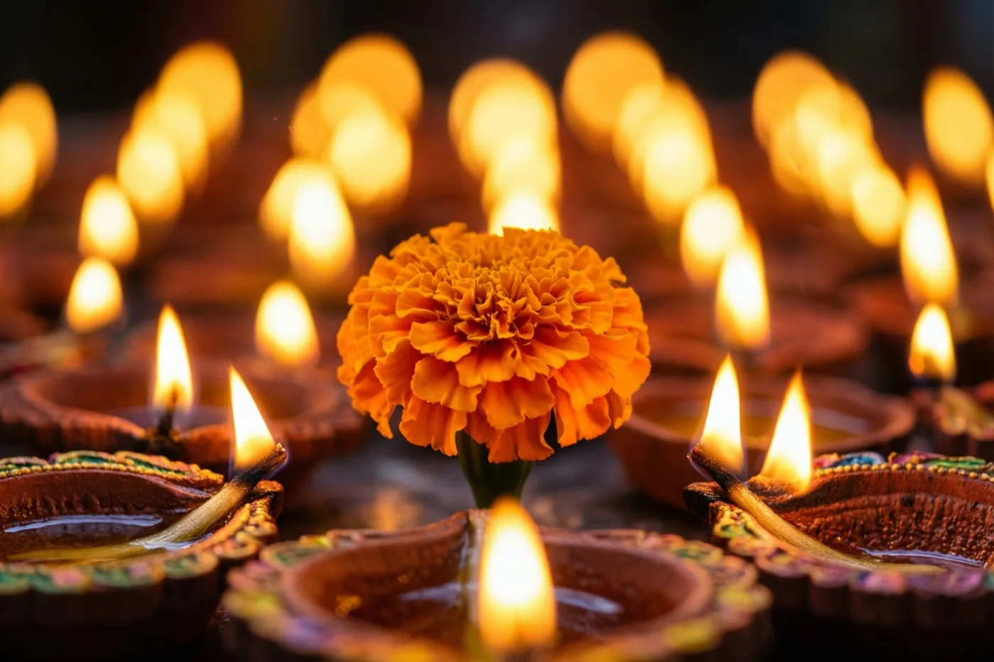 Een oranje bloem staat scherp in het midden van het beeld voor een onscherpe achtergrond met veel brandende olielampjes.