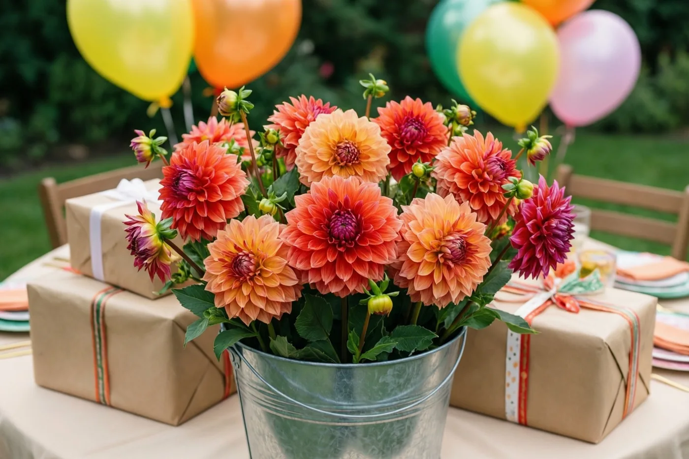 Een metalen emmer met oranje en roze dahlia's staat op een tafel naast ingepakte cadeaus en kleurrijke ballonnen, in een tuin met gras en bomen.