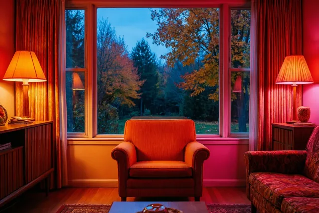 Een oranje fauteuil staat voor een groot raam met zicht op oranje en gele herfstbomen onder een schemerblauwe hemel, in een jarenzeventigkamer met twee tafellampen met oranje kappen.