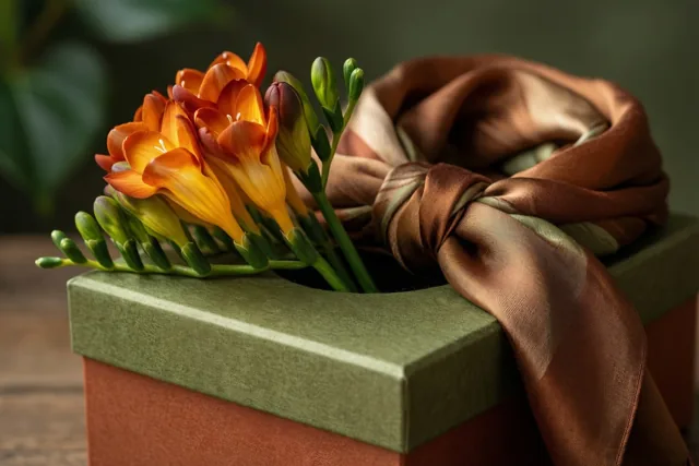 Op een houten oppervlak staat een groene en terracottakleurige geschenkdoos met oranje fresia's en een gedrapeerde bruine zijden sjaal.