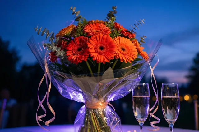 Een boeket oranje gerbera's in doorzichtig cellofaan met roze linten staat op een tafel naast twee champagneglazen, in paars licht tegen een schemerlucht.