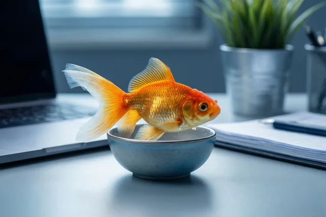 Een feloranje goudvis zwemt in een kleine blauwe kom op een modern bureau, met links een laptop en achteraan een plant in een pot.