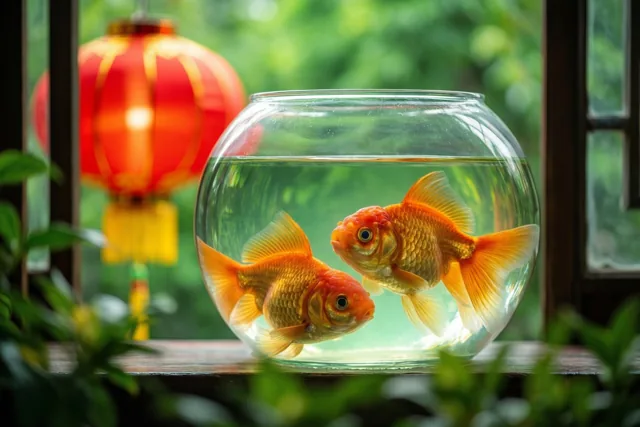 Twee oranje goudvissen zwemmen in een ronde glazen kom op hout, met een wazige rode lantaarn en groen op de achtergrond.