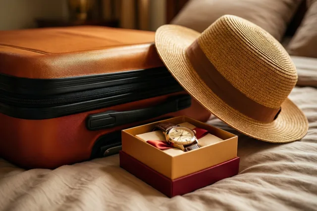 Een oranje koffer en een strohoed liggen op een bed naast een open geschenkdoos met een gouden horloge, in warm licht en aardetinten.