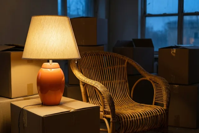Een oranje keramieken lamp met een beige kap brandt op een kartonnen doos naast een rotan stoel, met verhuisdozen rondom en een koelblauw raam op de achtergrond.