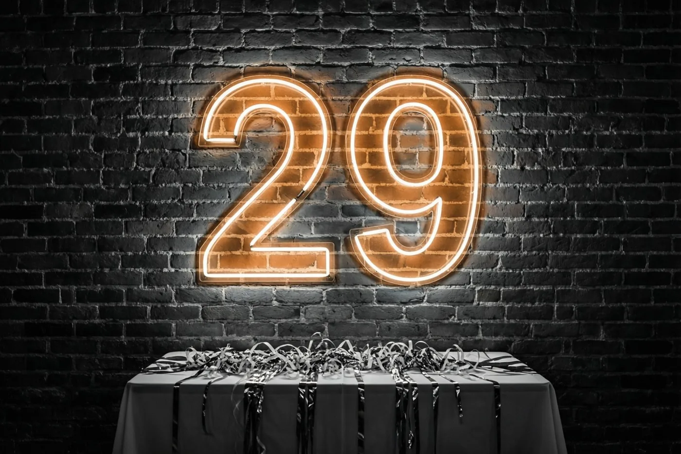 Een oranje neonlicht vormt 29 op een donkere bakstenen muur boven een tafel met een wit kleed en zilveren slingers.