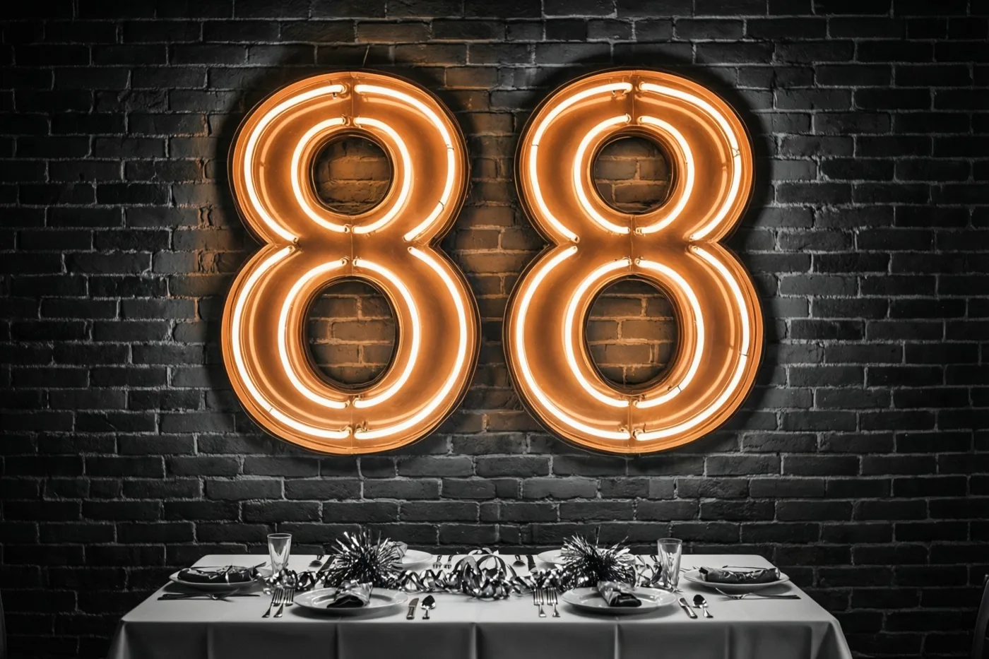 Twee grote oranje neonachten hangen aan een donkere bakstenen muur boven een formeel gedekte feesttafel in zwart-wittinten.