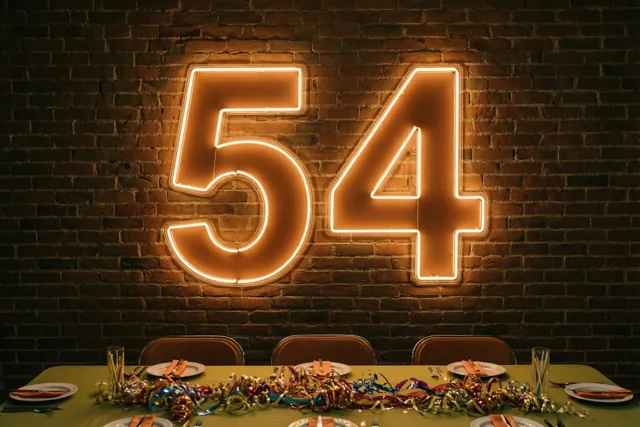 Een oranje neonbord met het getal 54 hangt aan een donkere bakstenen muur boven een feestelijk gedekte tafel.