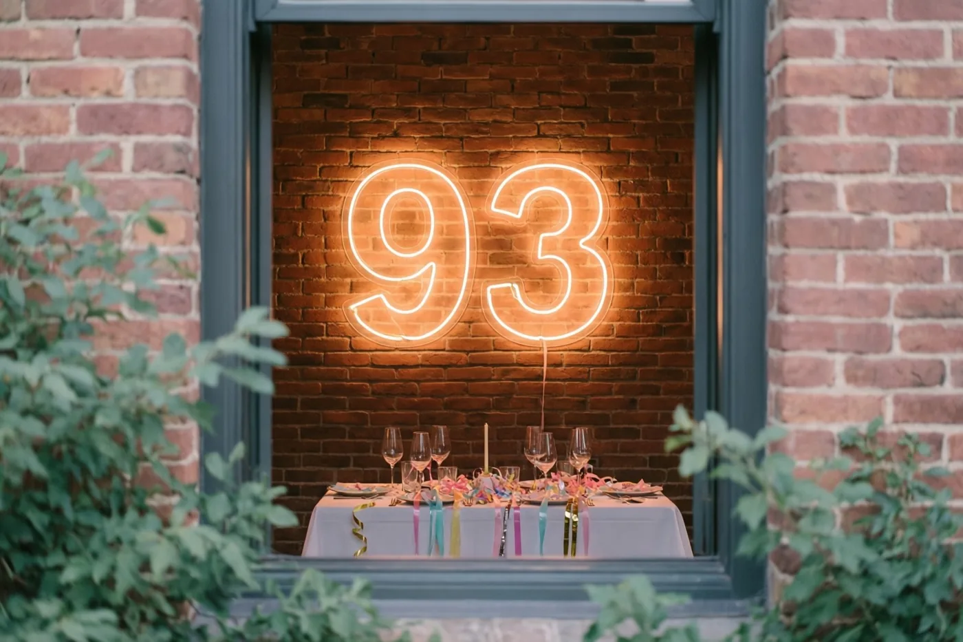 Een oranje neongetal 93 hangt aan een bakstenen muur boven een versierde feesttafel, omlijst door groen en een donker raamkozijn.