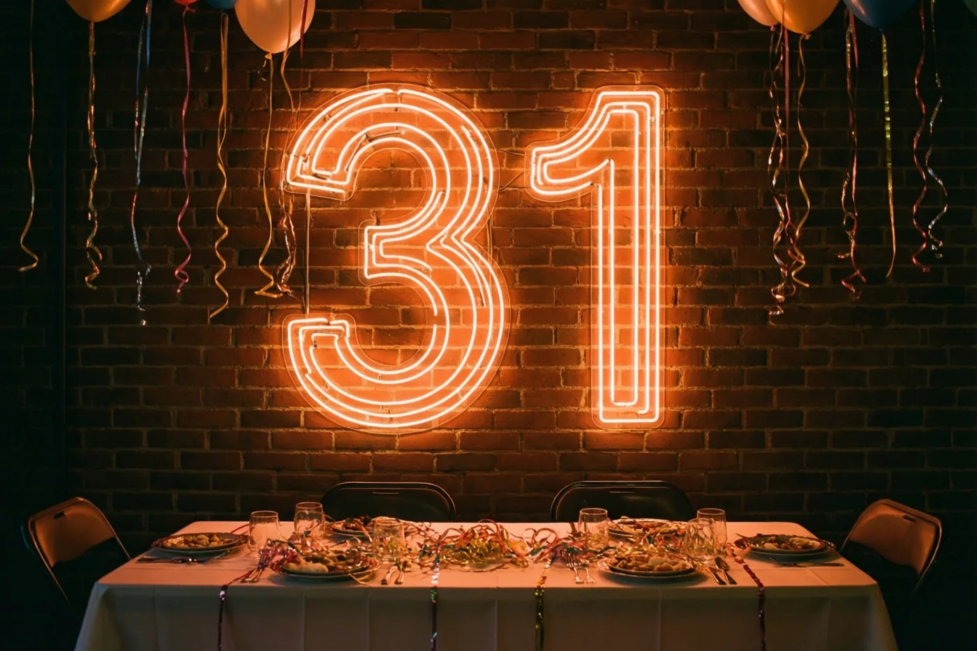Oranje neonlicht vormt 31 op een bakstenen muur boven een feesttafel met ballonnen en slingers.