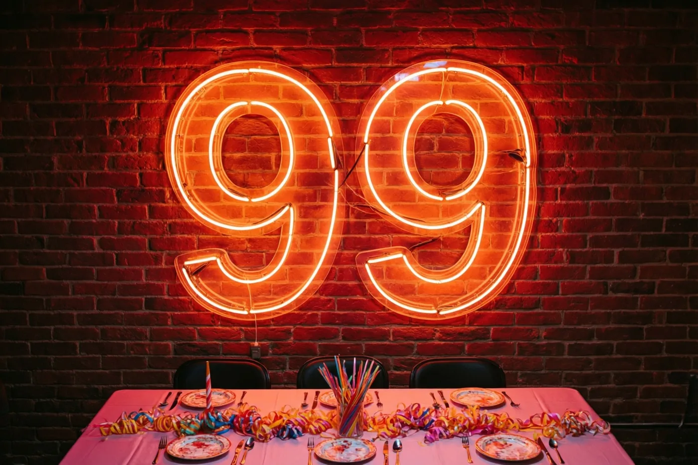 Een groot oranje neonbord met 99 hangt aan een rode bakstenen muur boven een feesttafel met borden, bestek en kleurrijke slingers in warm licht.