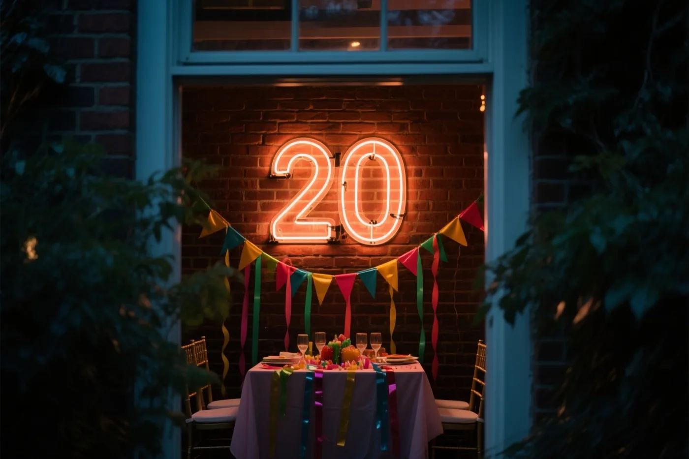Een feesttafel staat buiten in de nacht onder een groot oranje neonbord met 20 aan een donkere bakstenen muur, met kleurrijke slingers eronder.
