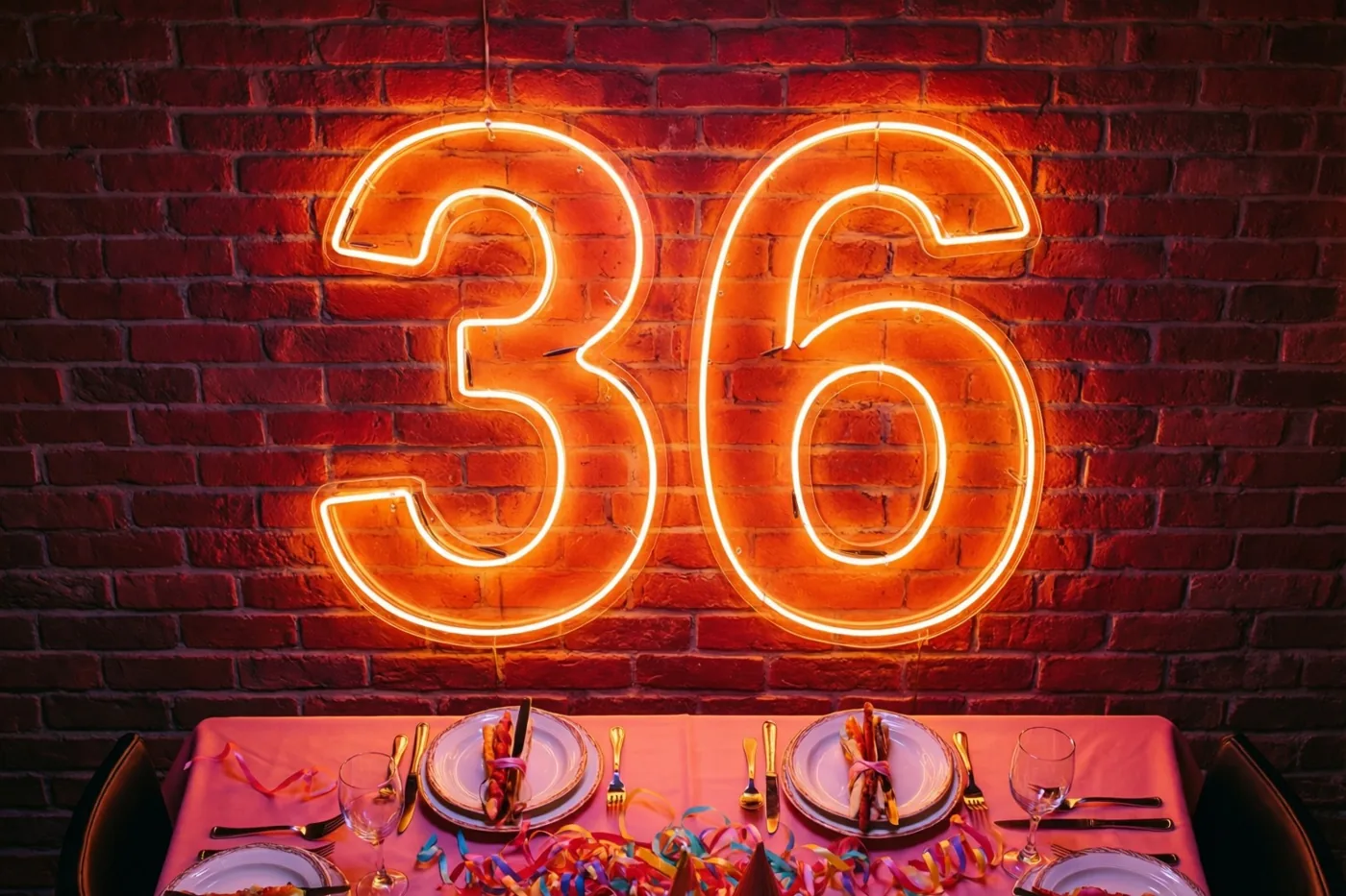Oranje neonlicht vormt het getal 36 op een rode bakstenen muur boven een tafel met borden, bestek, glazen en kleurrijke slingers.