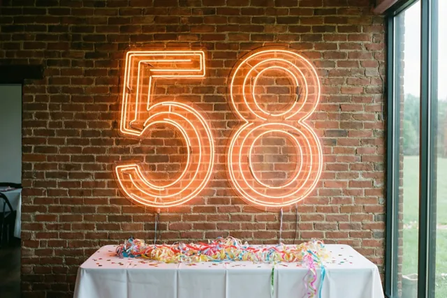 Een oranje neongetal 58 hangt aan een rode bakstenen muur boven een tafel met een wit kleed, gekleurde slingers en confetti.