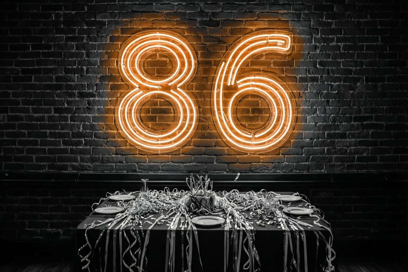 Een neon-86 in warm oranje licht hangt op een donkere bakstenen muur boven een tafel met zwart tafelkleed, zilveren slingers en borden.
