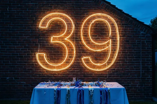 Een oranje neongetal 39 hangt aan een donkere bakstenen muur boven een tafel met een blauw tafelkleed en blauwe en zilveren slingers, met een schemerlucht op de achtergrond.