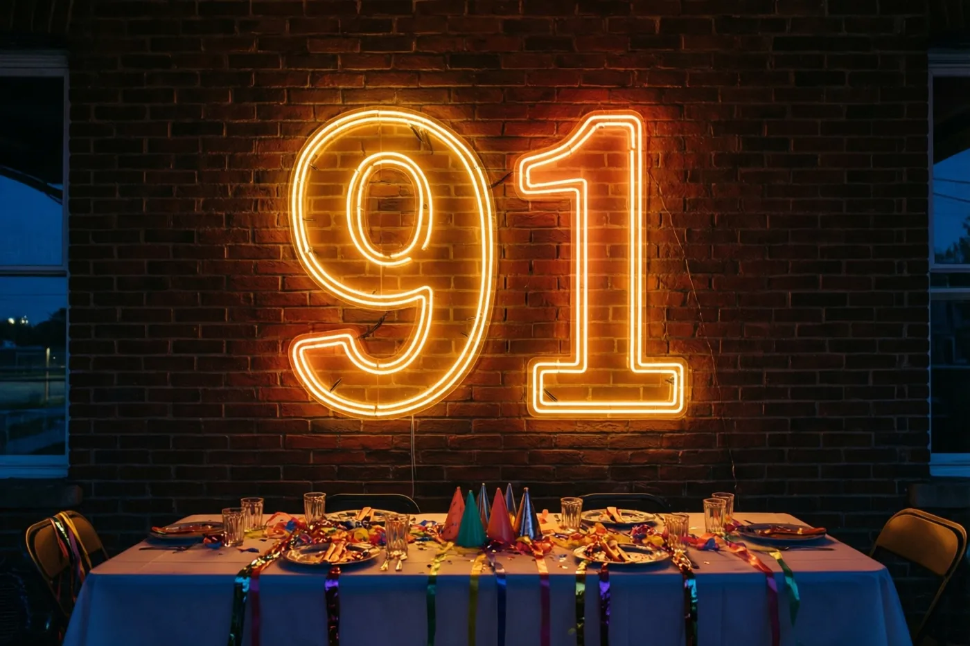 Een oranje neongetal 91 hangt aan een donkere bakstenen muur boven een feesttafel met slingers en borden.