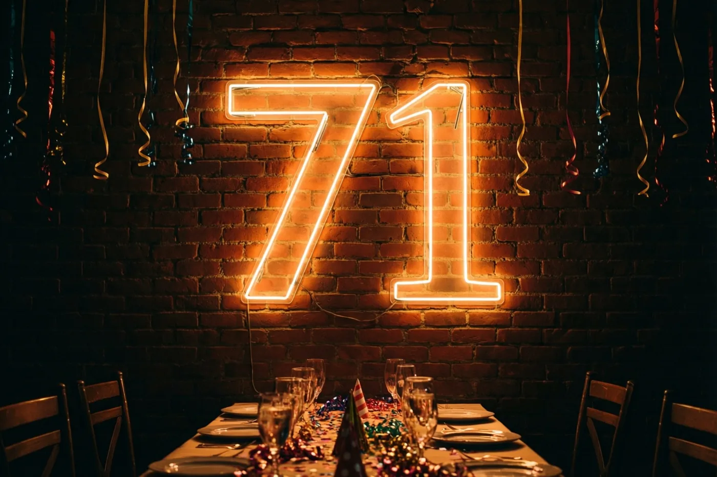 Een oranje neongetal 71 hangt aan een bakstenen muur boven een gedekte feesttafel met slingers erboven.