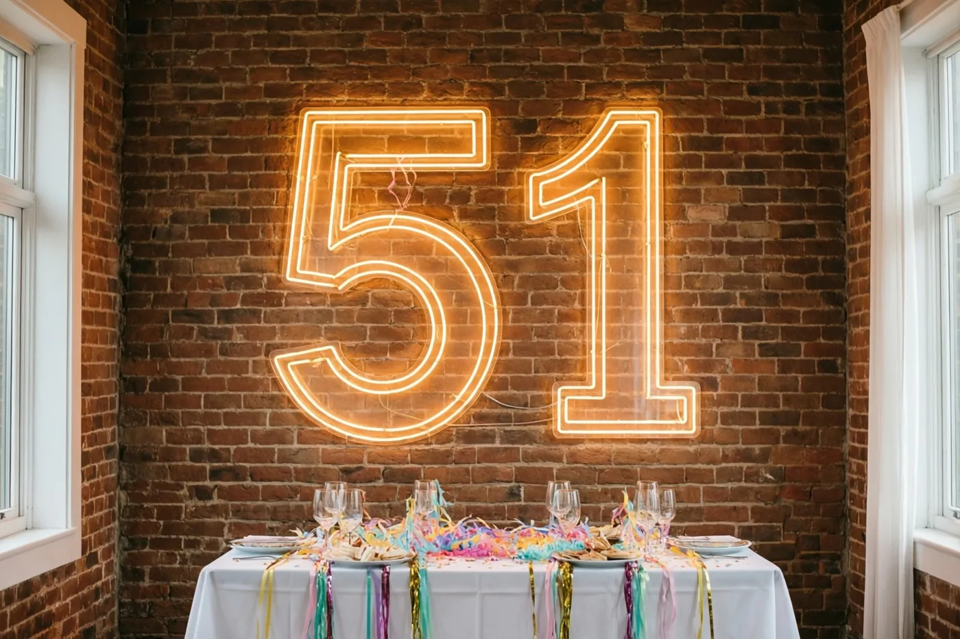 Een groot neonteken met 51 in warm oranje licht hangt aan een rode bakstenen muur boven een tafel met een wit kleed, kleurrijke slingers en glazen.