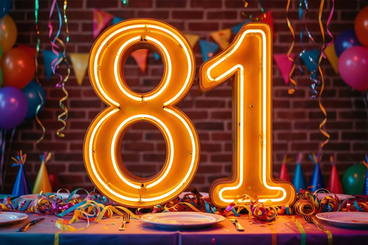 Een groot oranje neonbord met 81 hangt boven een tafel met slingers en borden, tegen een bakstenen muur met ballonnen en feestvlaggetjes.