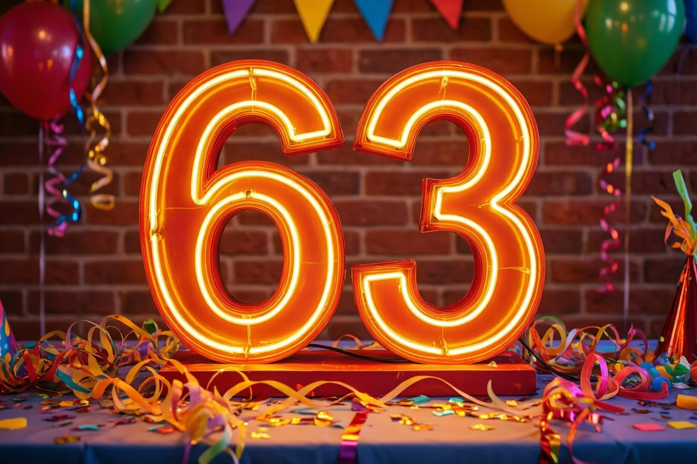 Een groot oranje neongetal 63 staat op een tafel met serpentines en confetti, voor een rode bakstenen muur met ballonnen en vlaggetjes.