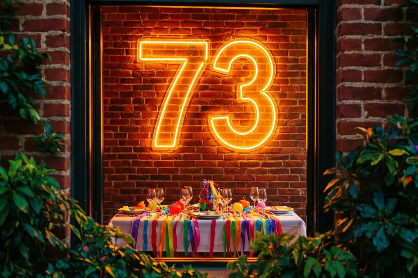 Het getal 73 straalt in oranje neonlicht aan een rode bakstenen muur boven een feesttafel, omkaderd door donkere raamachtige randen en groene bladeren.