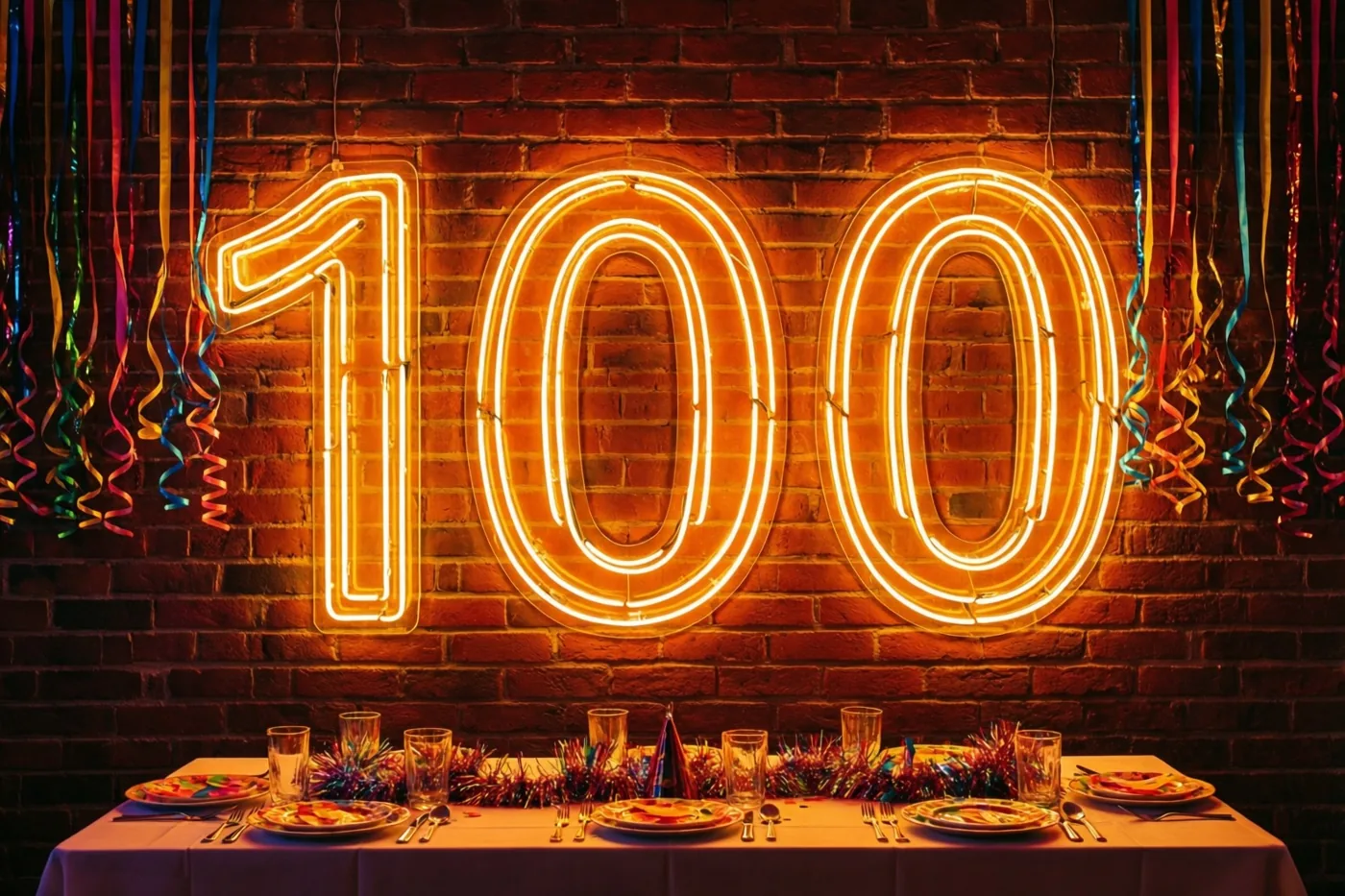 Een neongetal 100 gloeit boven een gedekte feesttafel tegen een bakstenen muur, met kleurrijke slingers aan beide kanten en warm oranje licht.