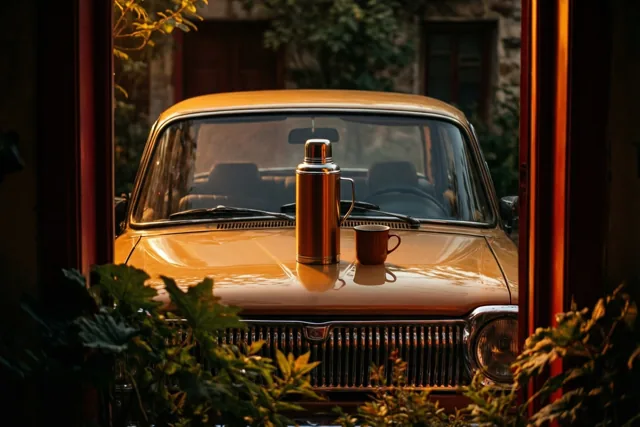 Door een raam met houten omlijsting is een oude oranje auto te zien met een retrothermos en een klein kopje op de motorkap in warm goudkleurig licht.