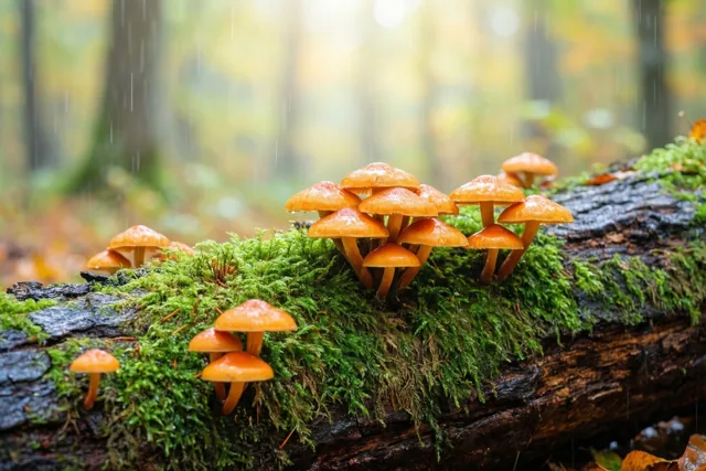 Op een omgevallen boomstam met felgroen mos groeien groepjes kleine oranje paddenstoelen, met zachte regen en onscherpe herfstbomen op de achtergrond.