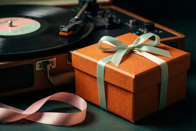 Een oranje geschenkdoos met een lichtgroen lint staat naast een vintage platenspeler met een vinylplaat op een donkergroene ondergrond.