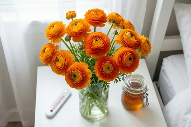 Oranje ranonkels staan in een heldere glazen vaas op een wit nachtkastje naast een glazen pot honing en een digitale thermometer, bij een raam met witte gordijnen.