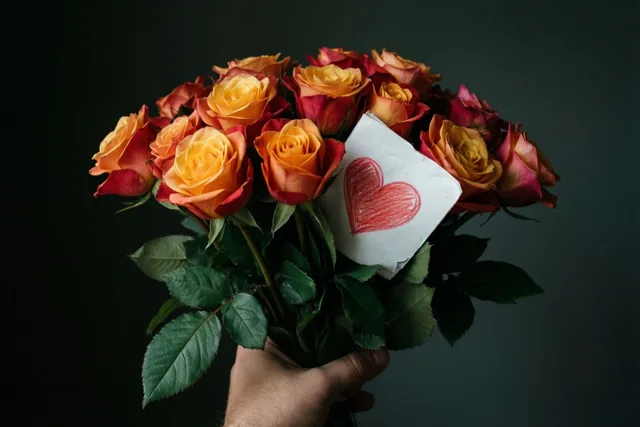 Een hand houdt een boeket oranje en rode tuinrozen vast met een in waskrijt getekend kinderhartje tussen de stelen, tegen een donkere achtergrond.
