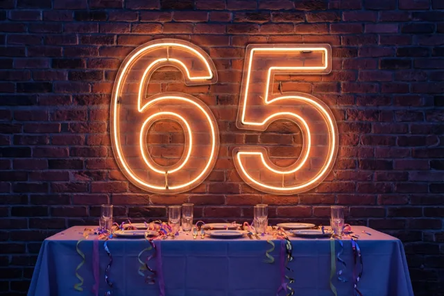 Een oranje neongetal 65 hangt aan een donkere bakstenen muur boven een tafel met een blauw tafelkleed, kleurrijke slingers en glazen.