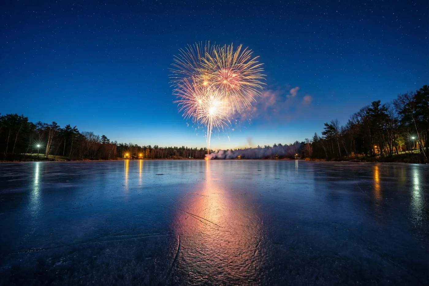 Oranje en geel vuurwerk weerspiegelt in een bevroren vijver bij een beboste oever onder een blauwe sterrenhemel.