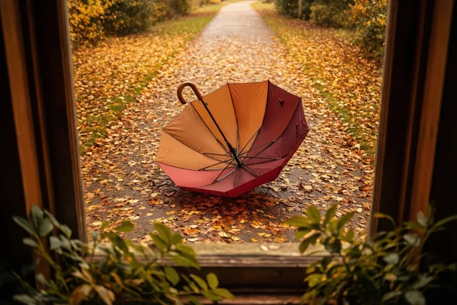 Door een raamkader is een open paraplu met een kleurverloop van oranje naar rood te zien die ondersteboven op een bladerpad ligt tussen bomen met goudkleurig loof.