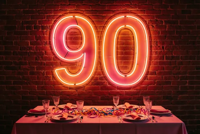 Een groot neongetal 90 in warm oranjeroze licht hangt aan een rode bakstenen muur boven een gedekte tafel met een roze tafelkleed en kleurrijke slingers.