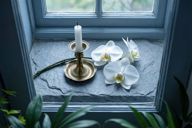 Een messing kandelaar met een witte kaars en een witte orchideetak staan op een grijs stenen vensterbank bij een blauwgrijs raamkozijn, met groen blad op de voorgrond.