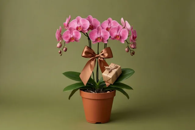 Een roze orchidee in een pot draagt een groot bruin lint rond de stelen en een klein bruin geschenkdoosje op de bladeren, tegen een effen olijfgroene achtergrond.