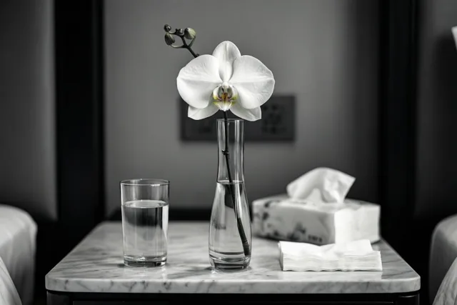 Een witte orchidee in een smalle glazen vaas staat naast een glas water en een doos papieren zakdoekjes op een marmeren nachtkastje tegen een gedempte grijze en zwarte achtergrond.
