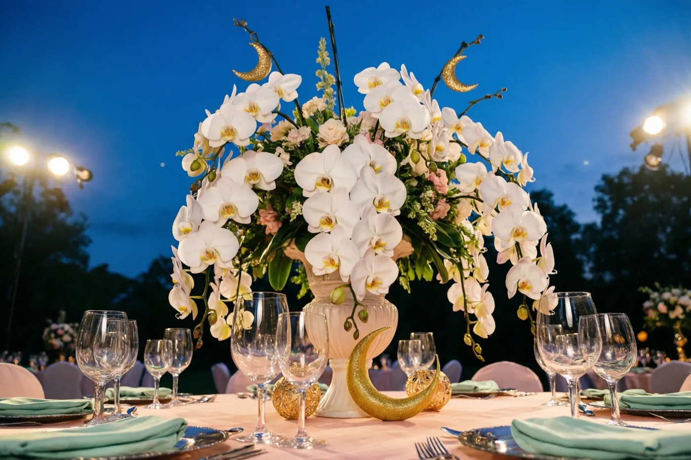 Een feesttafel onder een schemerlucht is versierd met witte orchideeën, gouden maansikkels, glazen, gevouwen groene servetten en zilverkleurig bestek.