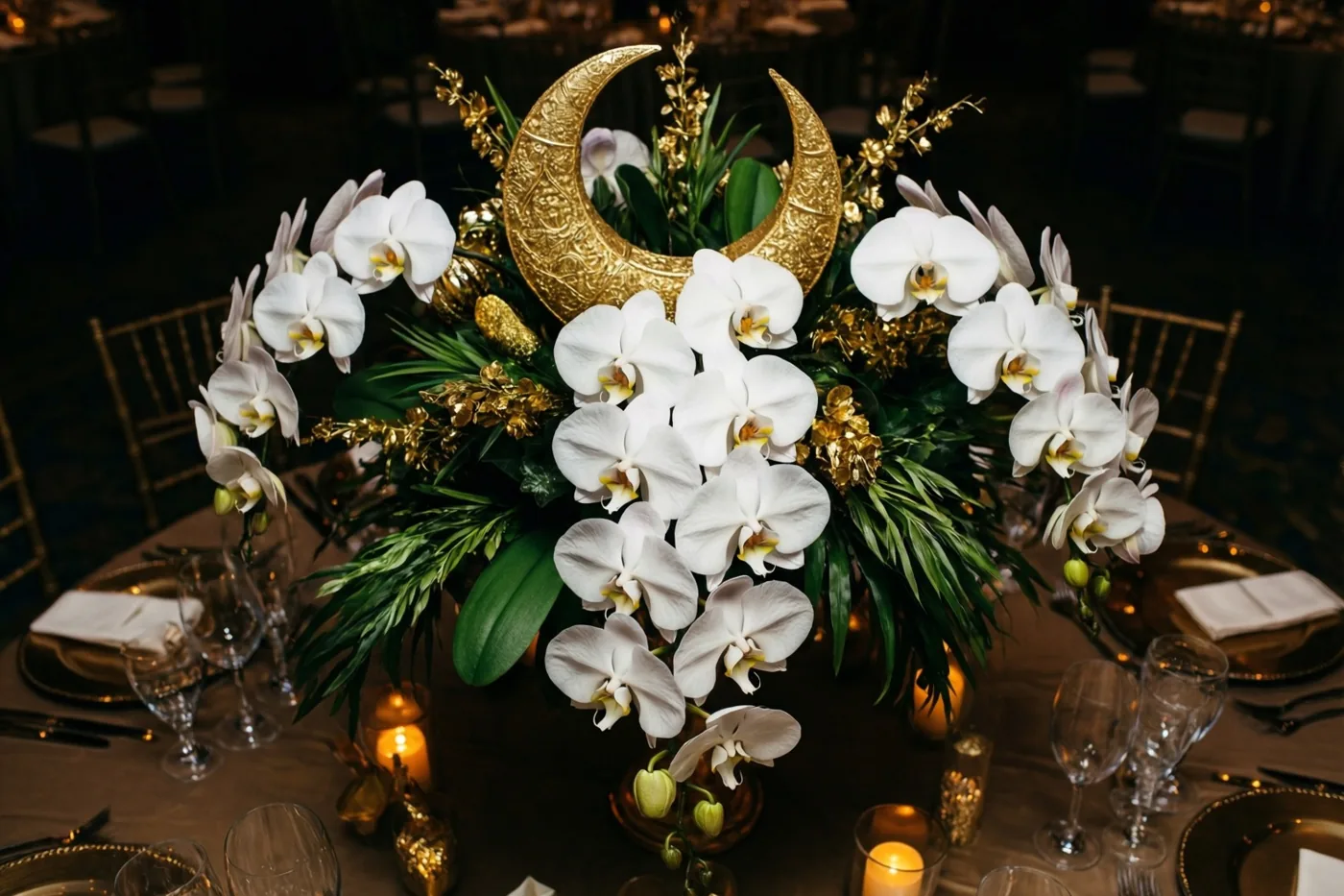Een bloemstuk van witte orchideeën, groen en een grote gouden maansikkel staat op een donkere tafel met kaarsen, glazen en gouden accenten.