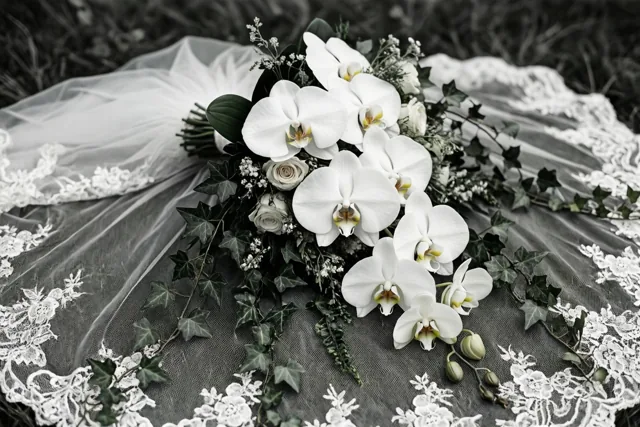 Een bruidsboeket van witte orchideeën en afhangende klimop ligt op een kanten sluier, weergegeven in een monochrome stijl met subtiele kleuraccenten.