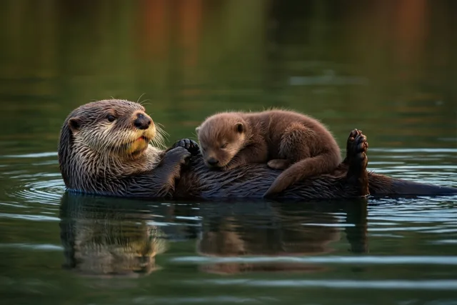 Dobberen met mama otter