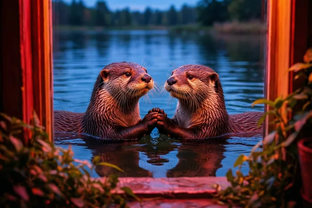Door een raam met planten op de voorgrond zie je twee otters die elkaars poot vasthouden terwijl ze in rustig water drijven, in warme oranje en koele blauwe tinten.