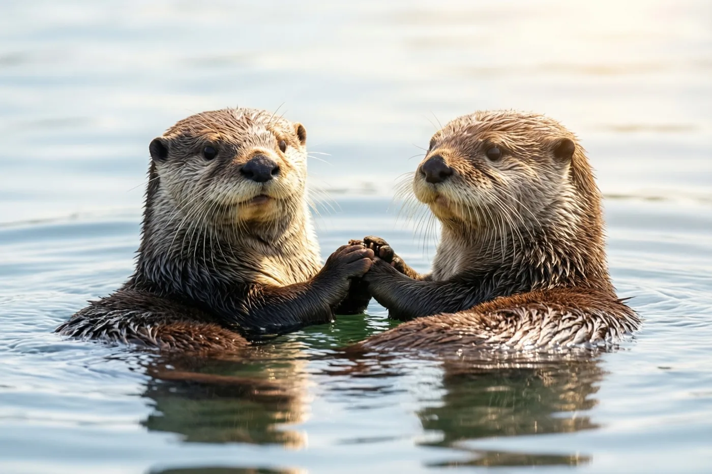Twee otters drijven op kalm water en houden elkaars pootjes vast in warm zonlicht.