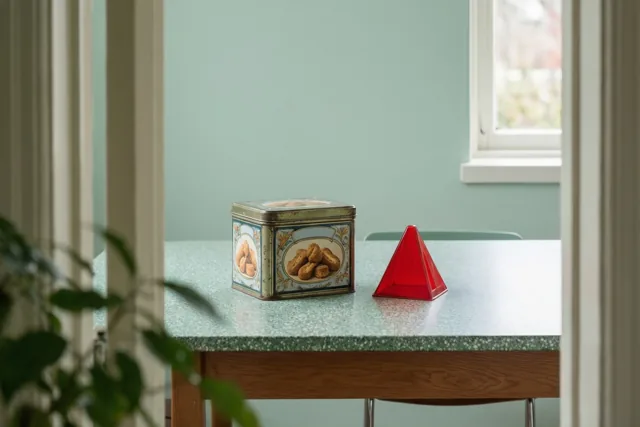 Een oud blik met een afbeelding van pepernoten staat naast een rode mijter op een gespikkelde groene formicatafel in een kamer met lichtgroene muren en een raam.