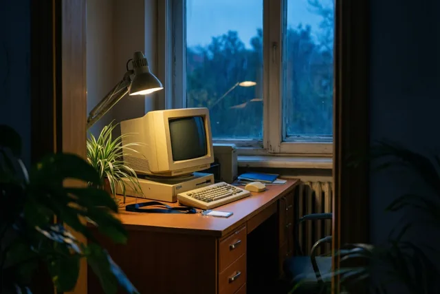 Een beige computer, toetsenbord en onbedrukt halskoord liggen op een bureau onder een brandende bureaulamp, bij een raam met uitzicht op bomen in de schemering.