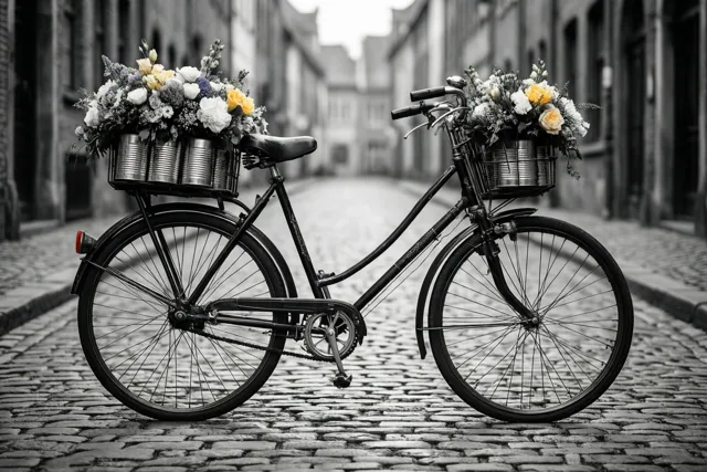 Een oude fiets met bloemstukken in blikken staat op een kasseistraat, waarbij de bloemen kleur hebben en de rest van de foto grotendeels zwart-wit is.
