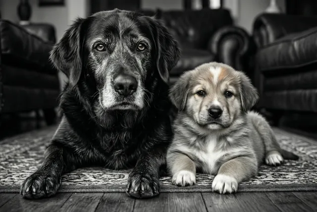 Een oude zwarte hond en een kleine lichtgekleurde puppy liggen naast elkaar op een vloerkleed met een patroon in een woonkamer, op een zwart-witfoto.
