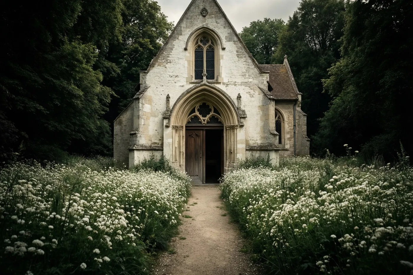 Een oude stenen kapel met een open houten deur staat tussen dichtbegroeide groene bomen aan een pad met witte bloemen.